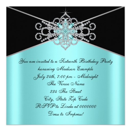Diamond Turquoise Blue and Black Sweet 16 Birthday Personalized Announcements