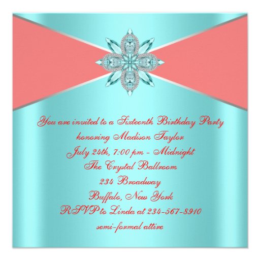 Diamond Turquoise Blue Coral Sweet 16 Birthday Custom Announcement