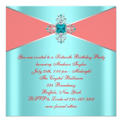 Diamond Turquoise Blue Coral Sweet 16 Birthday Custom Invites