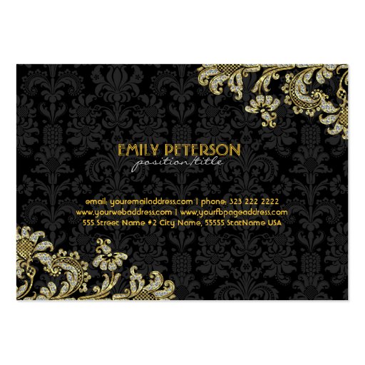 Diamonds Black & Gold Pattern Floral Damasks 2 Business Card Template (back side)