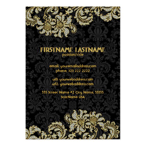 Diamonds Black & Gold Pattern Floral Damasks Business Card Templates (back side)