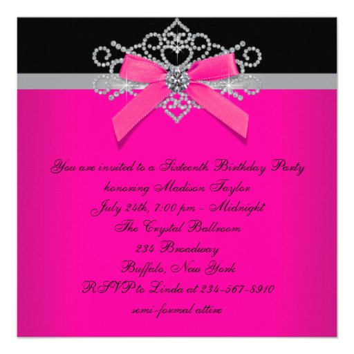 Diamonds Hot Pink Black Sweet 16 Birthday Party Custom Announcements