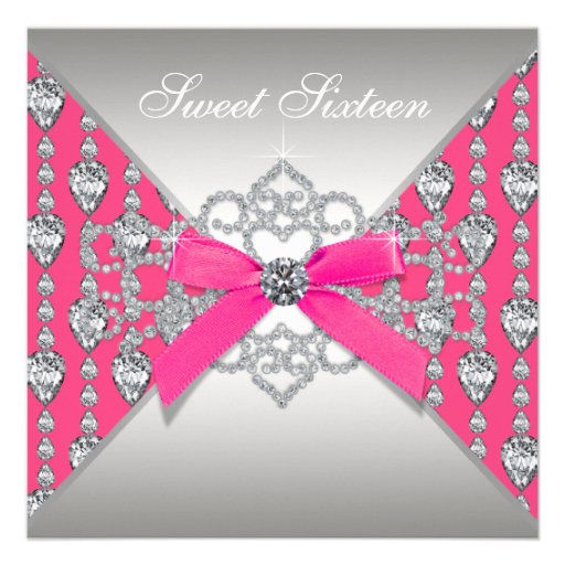 Diamonds Hot Pink Sweet 16 Birthday Party Personalized Invites (front side)