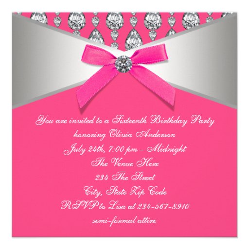 Diamonds Hot Pink Sweet 16 Birthday Party Personalized Invites