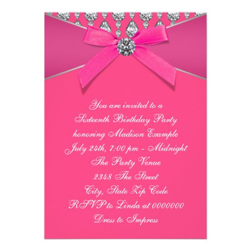 Diamonds Hot Pink Sweet 16 Birthday Party Personalized Announcement