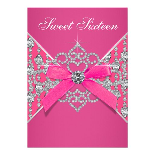 Diamonds Hot Pink Sweet 16 Birthday Party Personalized Announcement