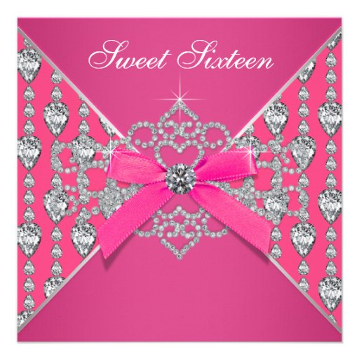 Diamonds Hot Pink Sweet 16 Birthday Party Custom Invite (front side)