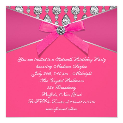 Diamonds Hot Pink Sweet 16 Birthday Party Custom Invite