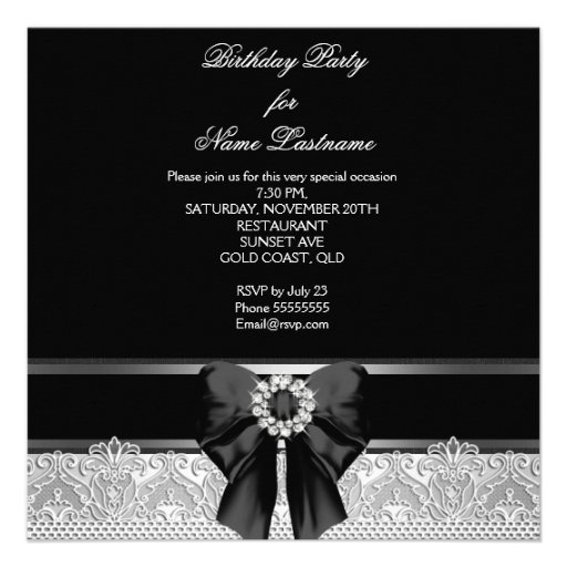 Diamonds Lace Image Birthday Party Black White Personalized Invitations