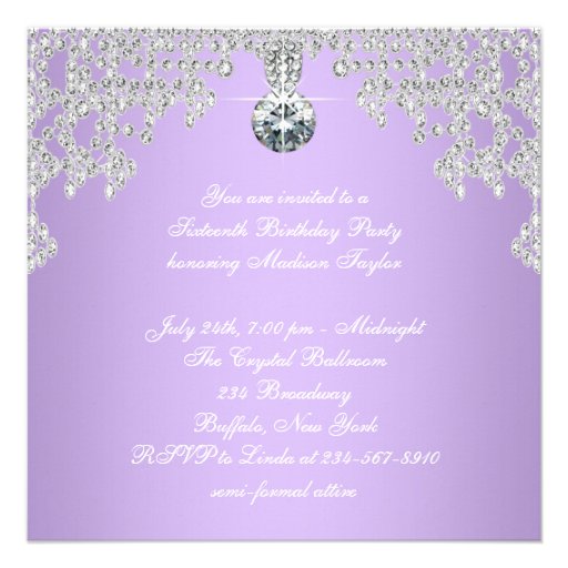 Diamonds Lavender Purple Sweet 16 Birthday Party Custom Invitation