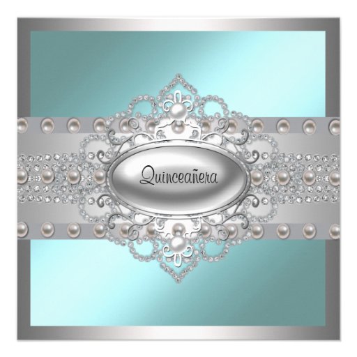 Diamonds Pearls Teal Blue Quinceanera Invitations