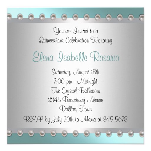 Diamonds Pearls Teal Blue Quinceanera Invitations