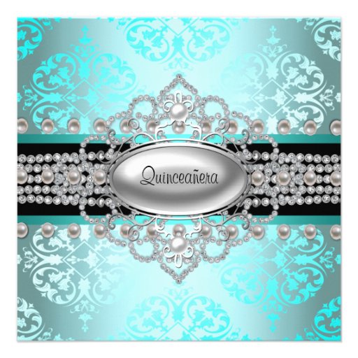 Diamonds Pearls Teal Blue Quinceanera Invitations