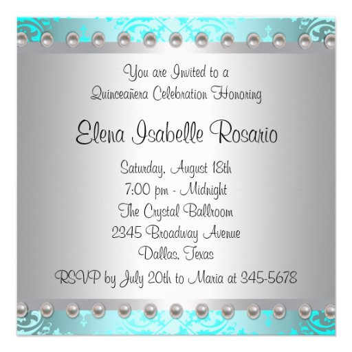 Diamonds Pearls Teal Blue Quinceanera Invitations