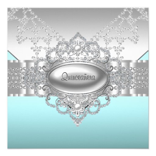 Diamonds Pearls Teal Blue Quinceanera Invitations