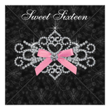 Diamonds Pink Black Damask Sweet 16 Birthday Party Personalized Invites