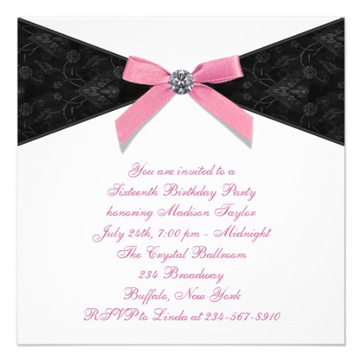 Diamonds Pink Black Damask Sweet 16 Birthday Party Personalized Invites