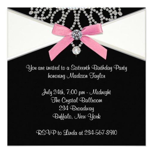 Diamonds Pink Black Sweet Sixteen Birthday Party Custom Announcements