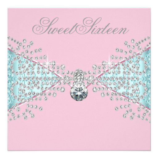 Diamonds Pink Teal Blue Sweet Sixteen Birthday Personalized Invitation (front side)