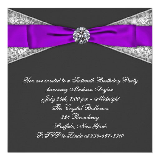 Diamonds Purple and Black Sweet 16 Birthday Party Personalized Invitations