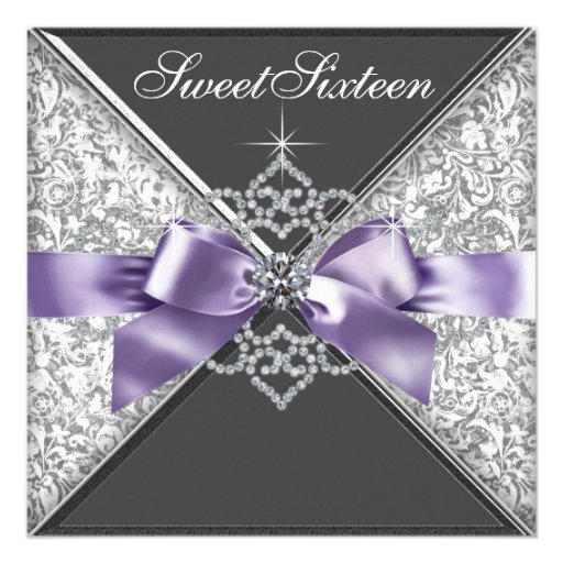 Diamonds Purple and Black Sweet 16 Birthday Party Custom Announcements (front side)