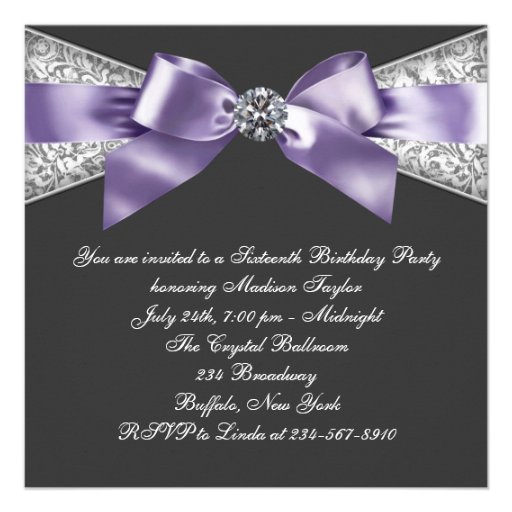 Diamonds Purple and Black Sweet 16 Birthday Party Custom Announcements
