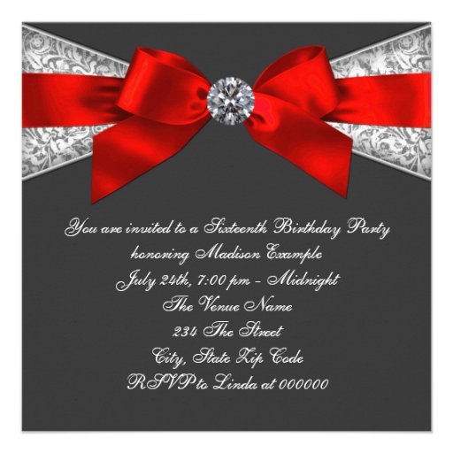 Diamonds Red and Black Sweet 16 Birthday Party Invitations