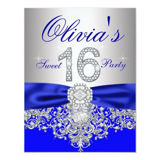 Diamonds Royal Blue and Silver Sweet 16 Party Custom Announcements