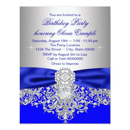 Diamonds Royal Blue and Silver Sweet 16 Party Custom Announcements