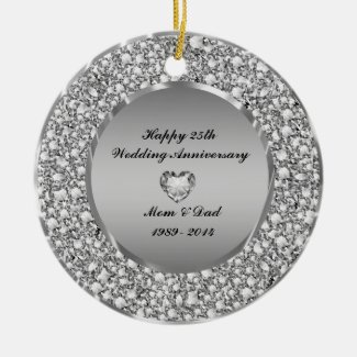 Diamonds & Silver 25th Wedding Anniversary Double-Sided Ceramic Round Christmas Ornament