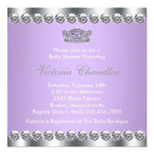 Diamonds Silver Lavender Purple Baby Shower Personalized Announcement