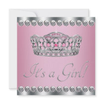Diamonds Silver Tiara Pink Black Baby Shower Invite