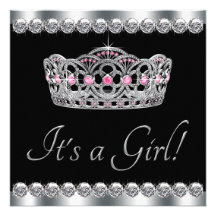 Diamonds Silver Tiara Pink Black Baby Shower Announcements