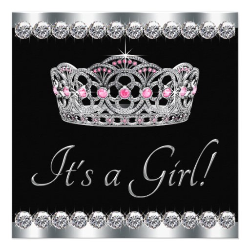 Diamonds Silver Tiara Pink Black Baby Shower Announcements