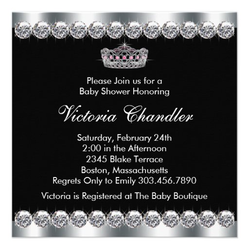 Diamonds Silver Tiara Pink Black Baby Shower Announcements