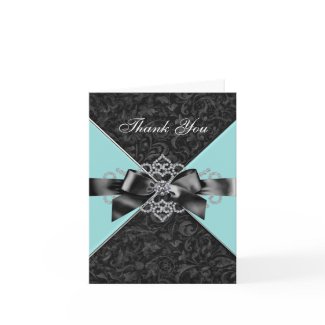 Diamonds Teal Blue Black Damask Thank You Cards card