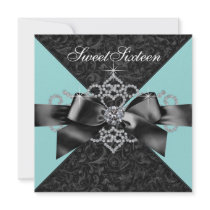 Diamonds Teal Blue Black Sweet 16 Birthday Party Announcement