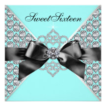 Diamonds Teal Blue Black Sweet 16 Birthday Party Invitation