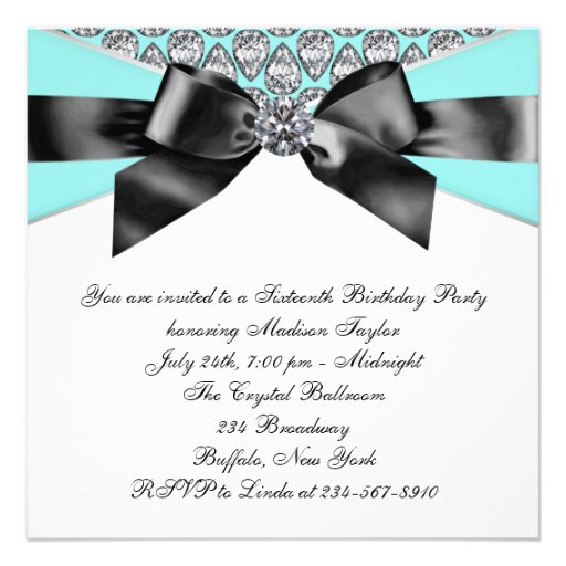 Diamonds Teal Blue Black Sweet 16 Birthday Party Invitation