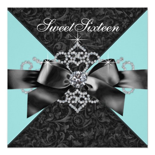 Diamonds Teal Blue Black Sweet 16 Birthday Party Announcement