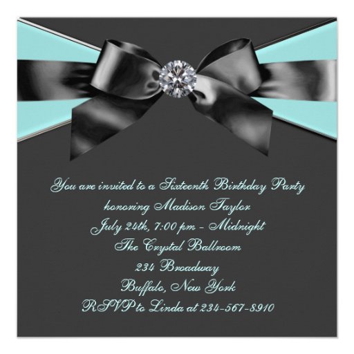 Diamonds Teal Blue Black Sweet 16 Birthday Party Announcement