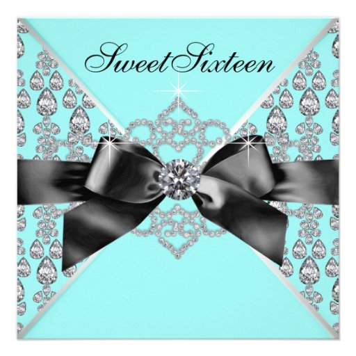 Diamonds Teal Blue Black Sweet 16 Birthday Party Announcements