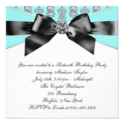 Diamonds Teal Blue Black Sweet 16 Birthday Party Announcements