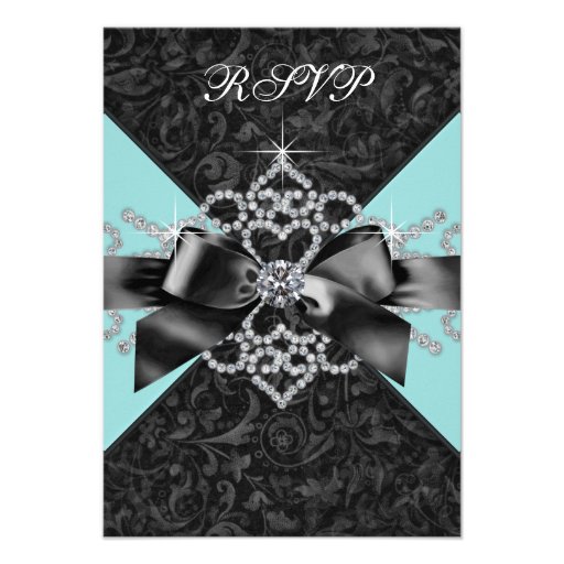Diamonds Teal Blue Black Sweet 16 Birthday Party Announcements