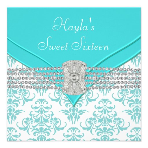 Diamonds Teal Blue Damask Sweet Sixteen Birthday Custom Invite