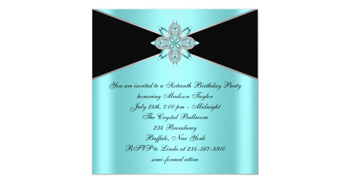 Diamonds Turquoise Blue and Black Birthday Invitation | Zazzle