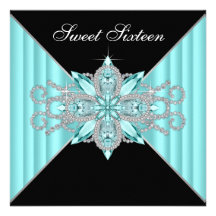 Diamonds Turquoise Blue Black Sweet 16 Birthday Custom Invitation