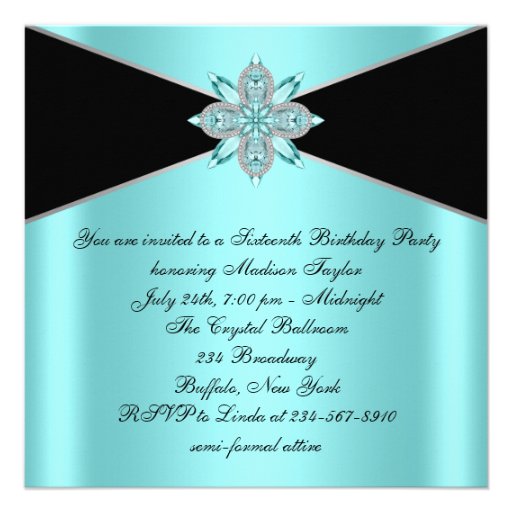 Diamonds Turquoise Blue Black Sweet 16 Birthday Custom Invitation