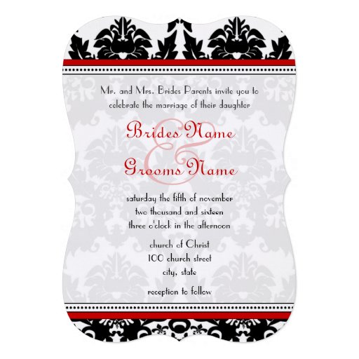 Die Cut Black Damask Red Trim Wedding Invitation