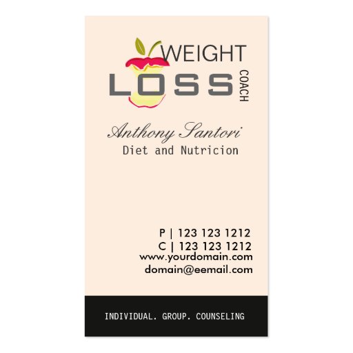 Dieting and Loosing Weight  Coach Business Card Templates (front side)